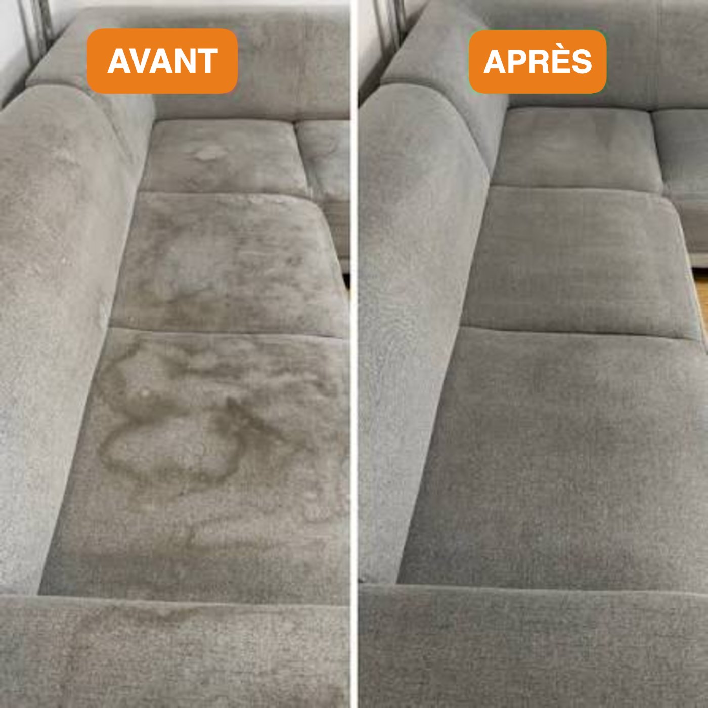 Canapé en tissu clair avant et après nettoyage par APML