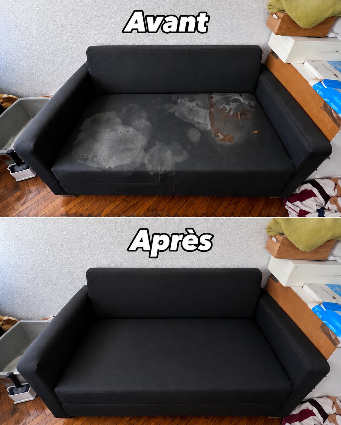 Canapé noir taché avant et après nettoyage par APML