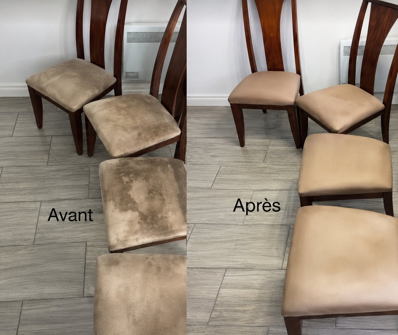 Chaises en tissu avant et après nettoyage par APML