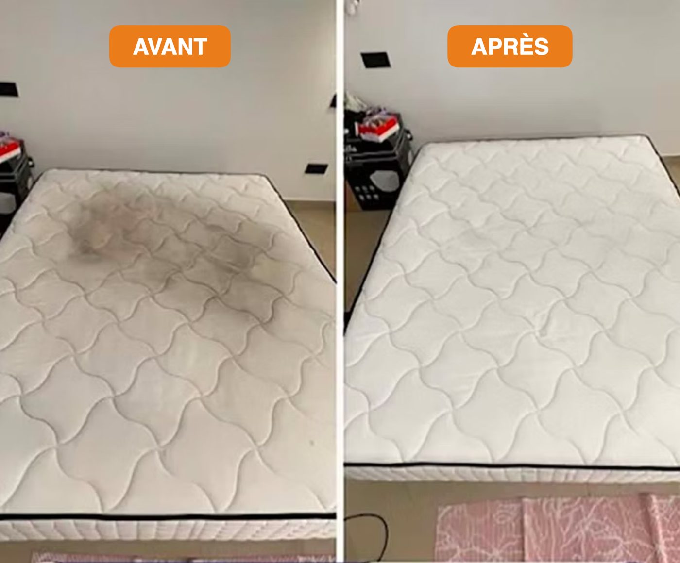 Matelas taché avant et après nettoyage par APML
