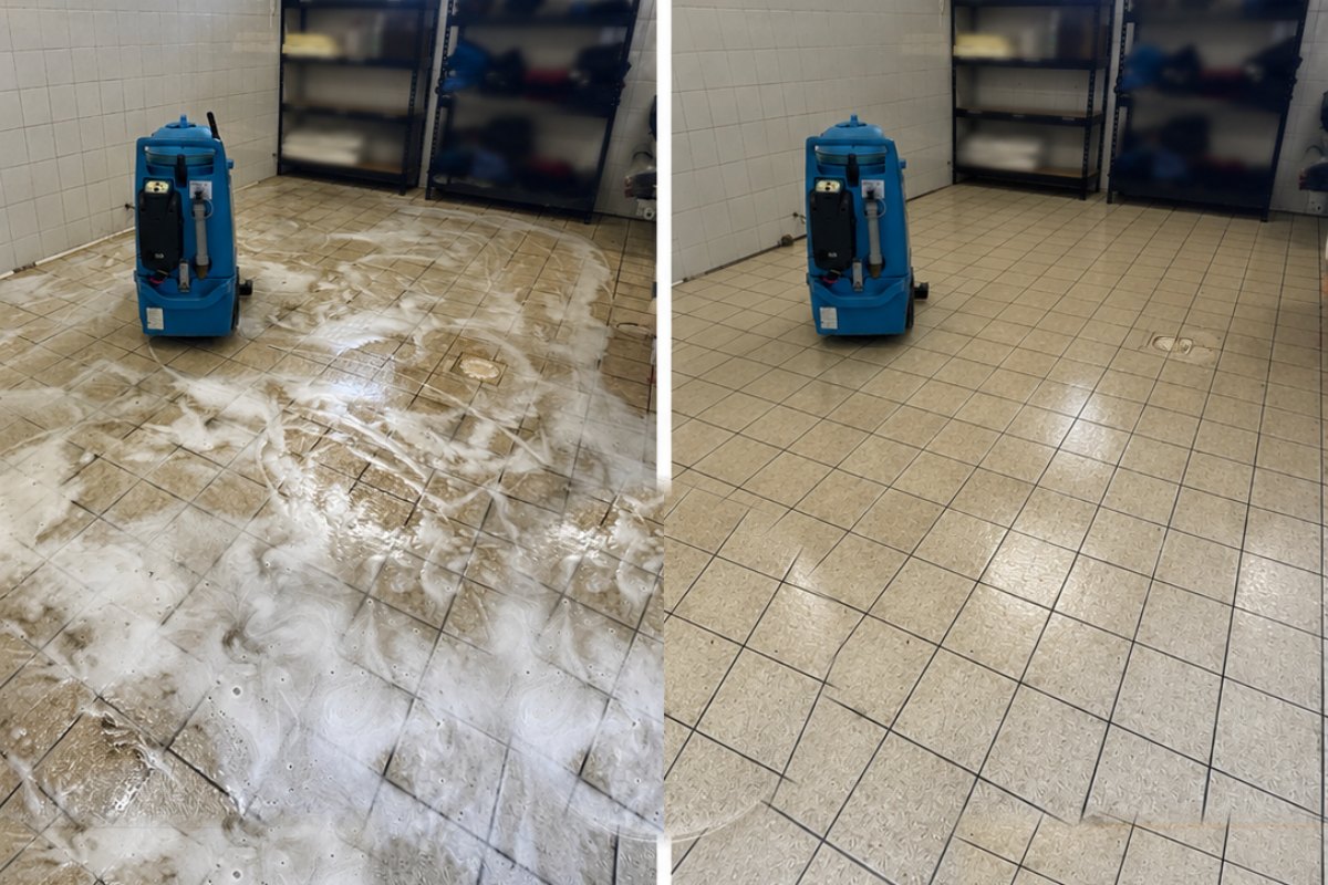 Sol carrelé d'un local professionnel avant et après nettoyage par APML